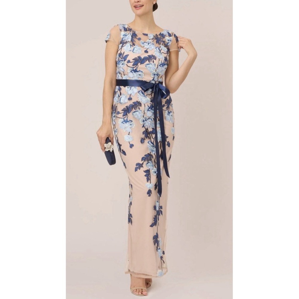 Adrianna Papell 8 Floral Embroidered Illusion Gown Navy Blue Coquette Whimsical